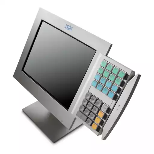 A photo of an IBM 4820 SurePoint Solution Flat Panel Display with an IBM SurePoint 4820 Monitor Keypad and MSR Extension attached
