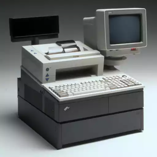A photo of an IBM 4694 POS Terminal with an IBM RANPOS Keyboard