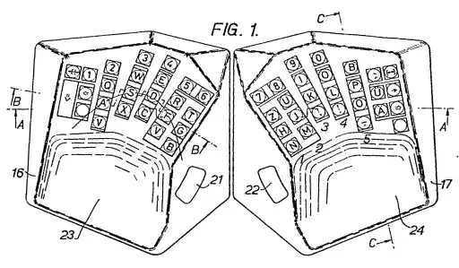 A patent figure from GB1016993A showing improvements relating to typewriter keyboards