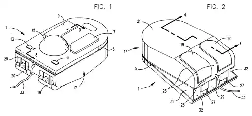 Patent figures from US5063289A showing the IBM combined mouse and trackball design