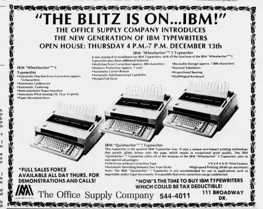 An excerpt from Hattiesburg American in 1984 showing Wheelwriters 3 and 5 and Quietwriter 7