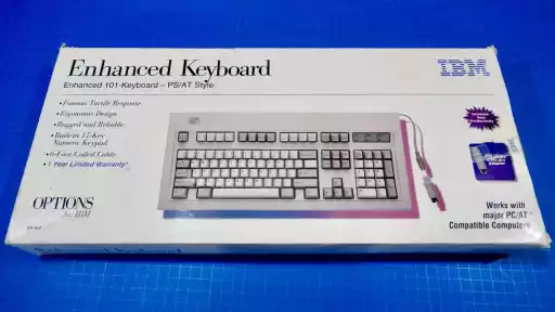 A photo of an OPTIONS by IBM branded IBM Enhanced Keyboard's packaging